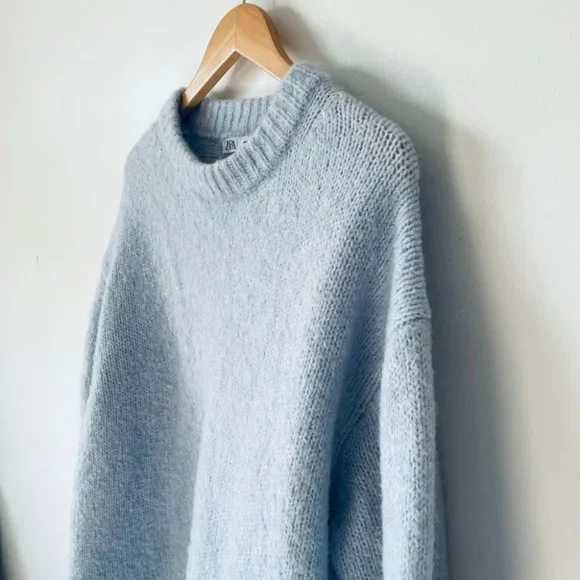 Zara Soft Feel Knit Sweater Crewneck Wool Alpaca Blend Pullover Light Blue Sz M - Picture 4 of 7